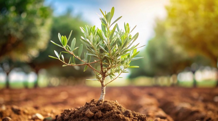 A young olive sapling planted in rich Turkish soil